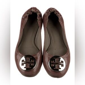 Tory Burch Reva Brown Snakeskin Ballet Flats Classic Logo